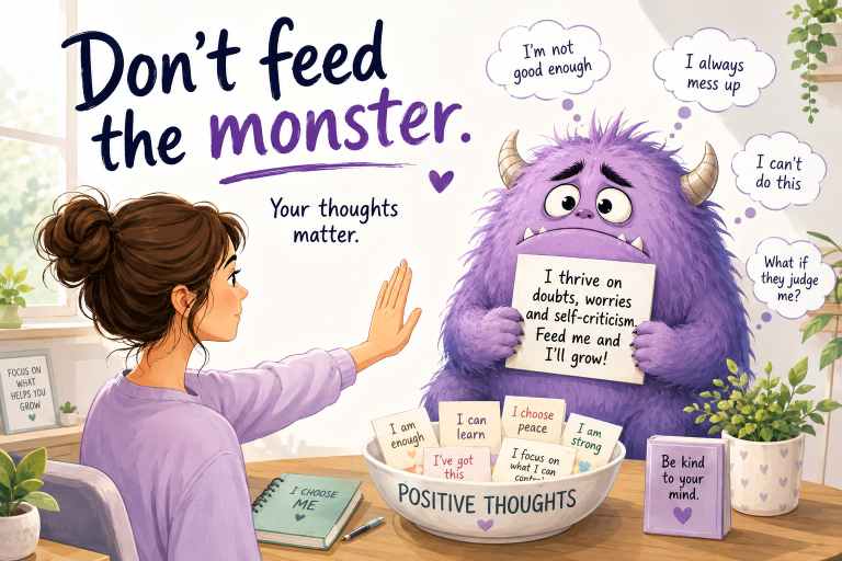 Don’t feed the monster – negative thoughts Self Talk. Dont feed the monster. Sarah Malone Coaching